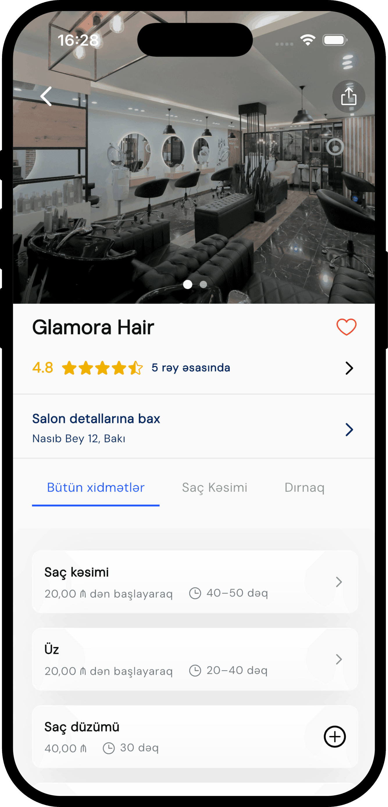 OneBeauty tətbiqi, addım 01: Xidmət və stilist seçin