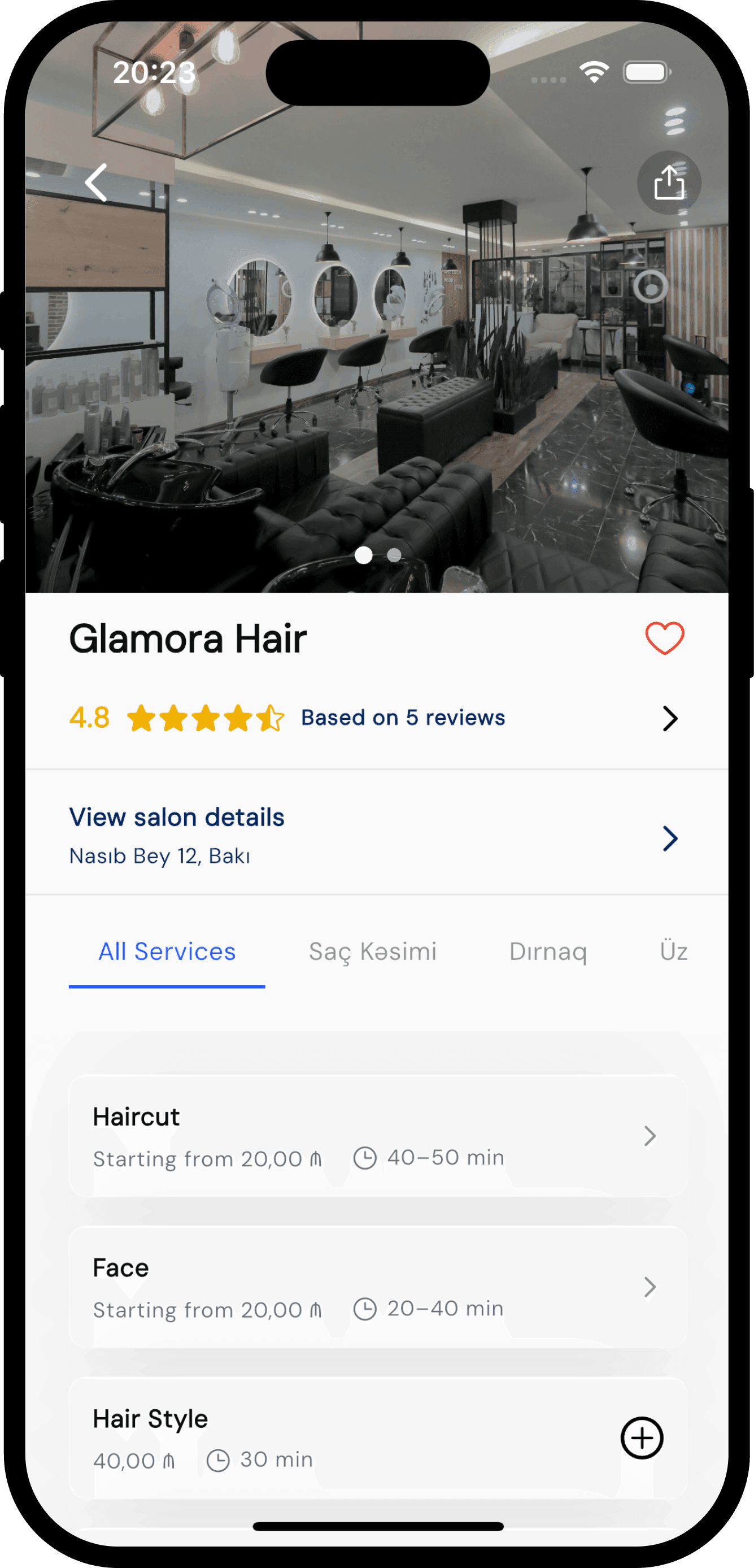 OneBeauty app, step 01: Choose a service and stylist